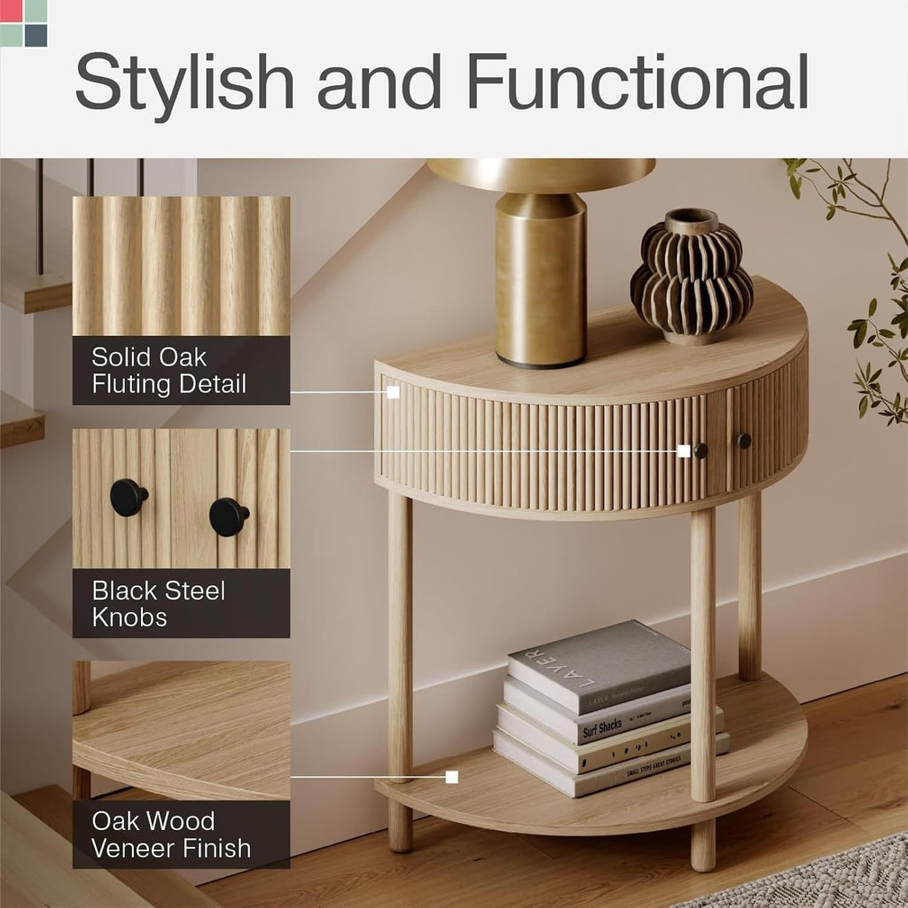 Stead Fluted Half Moon Shaped Console Table, Small Entry Desk, Living Room Furniture, Modern Home Decor, Solid Wood Entryway Table with Two Doors and Black Knobs (Natural Oak)