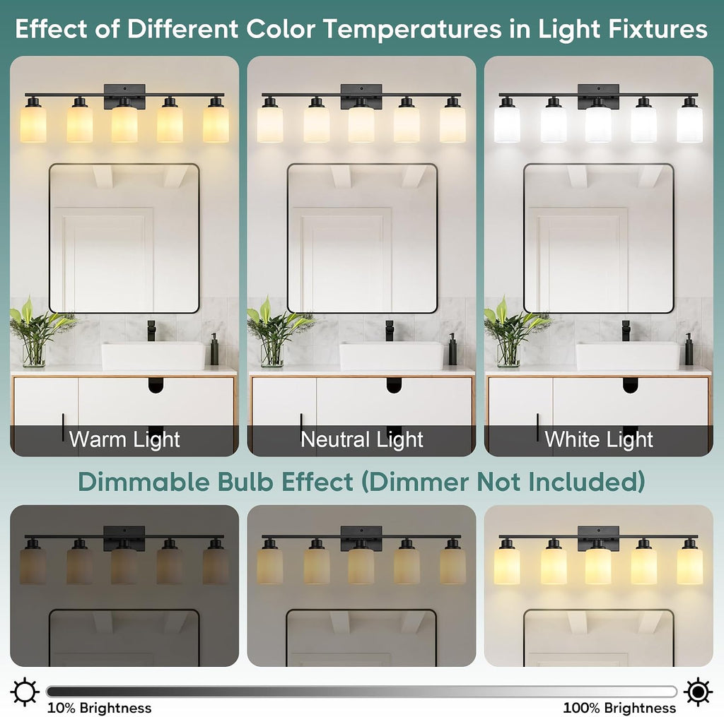 Ascher Bathroom Light Fixtures, 5-Light Vanity Light Over Mirror, Matte Black Wall Sconces with Milky White Frosted Glass Shades, Wall Lamp for Living Room Bedroom, E26 Base(Bulbs Not Included)