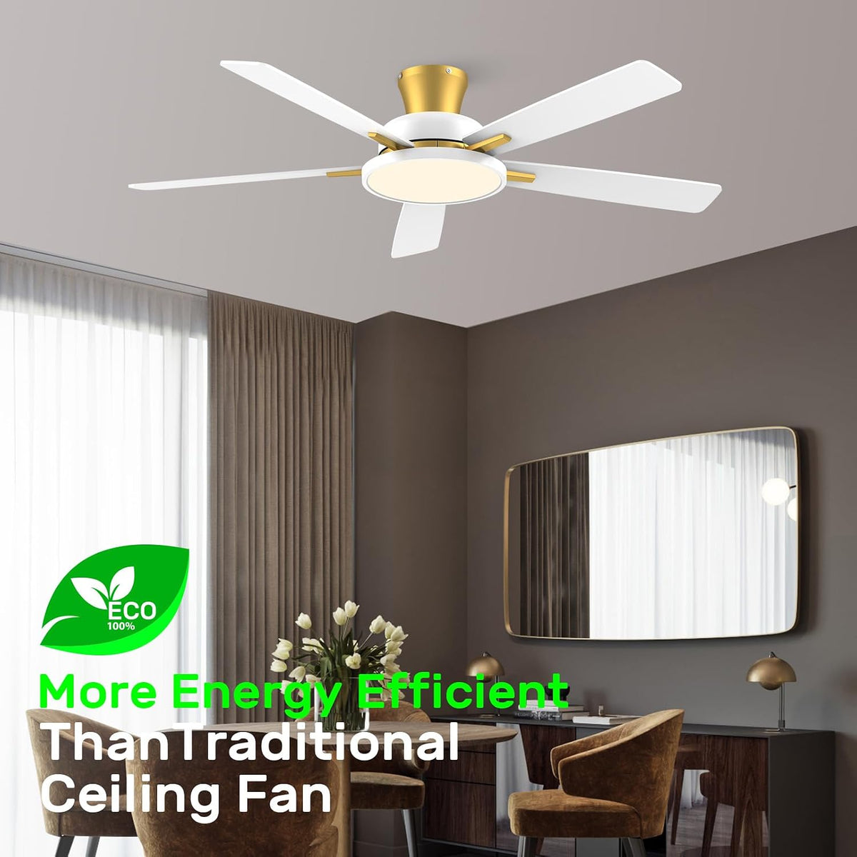 TALOYA 52 inch Ceiling Fans with Lights and Remote, Low Profile, White Gold