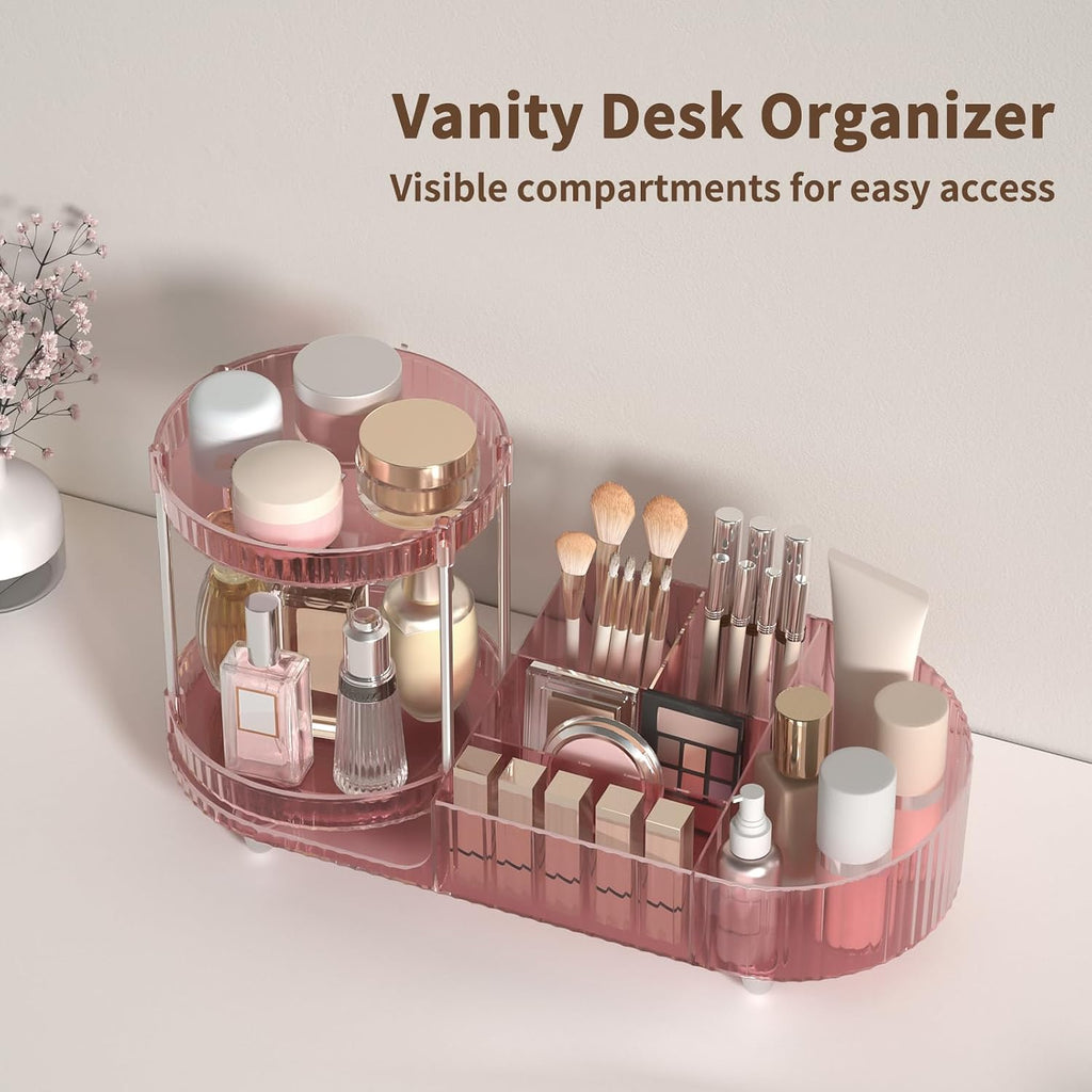360 Rotating Makeup Organizer for Vanity, 2 Perfume Trays with 5 Compartments Cosmetic & Skincare Storage, Multi-Purpose Countertop Organizers for Bathroom, Desk, Pantry, Space-Saving Beauty Organizer