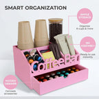 Coffee Bar Organizer Countertop, Wood Coffee Station with Drawer, Pink