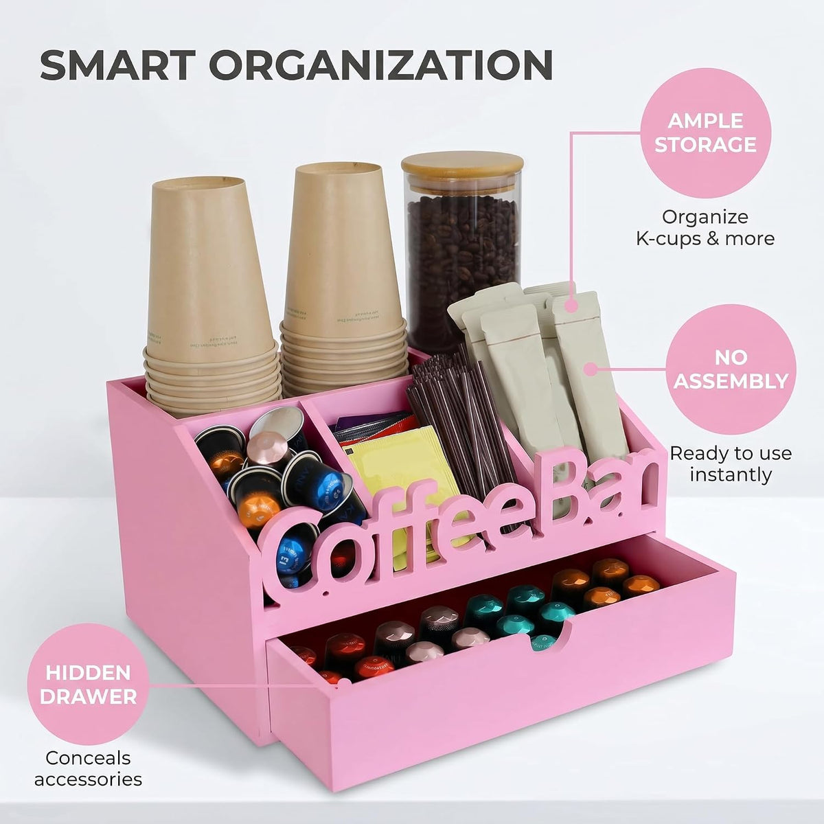 Coffee Bar Organizer Countertop, Wood Coffee Station with Drawer, Pink