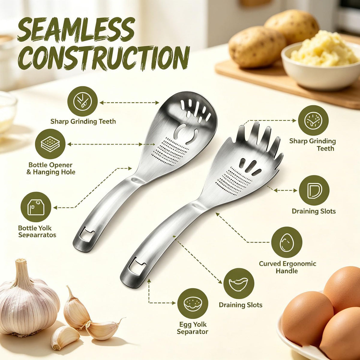 5-in-1 Stainless Steel Cooking Spoon Set, Multifunction Cooking Spoon,with Potato Masher, Egg Yolk Separator, Grater Plate, Bottle Opener & Slotted Spoon(A+B)