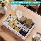 Coffee Bar Organizer – Wooden Coffee Station with 4 Compartments, Removable Dividers, and Condiment Storage for Home & Office