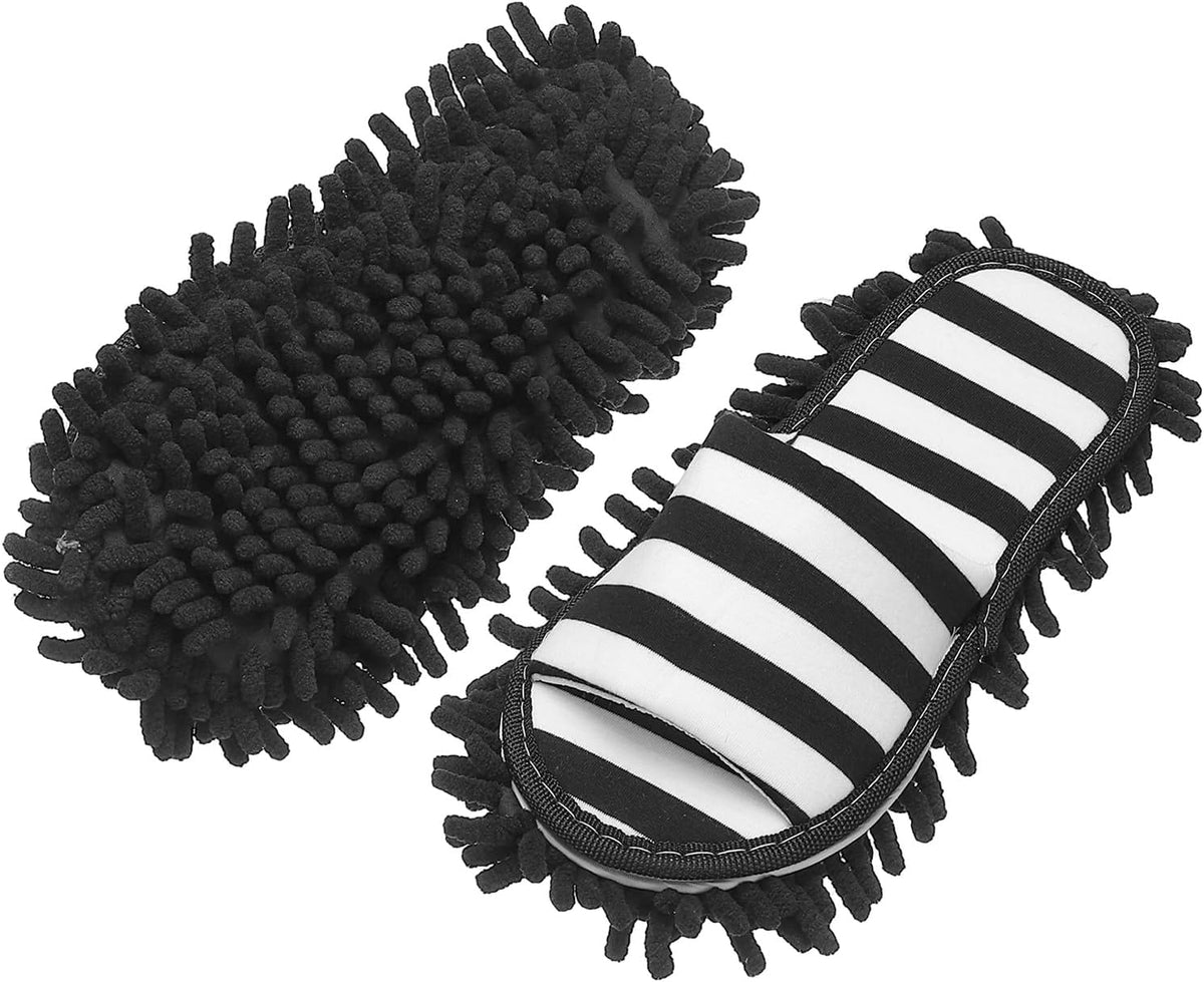 uxcell Microfiber Mop Slippers, Chenille Detachable Mop Shoes Washable Reusable House Slippers for Floor Cleaning Office Home Use Women Men, Small Size 9.6", Black and White Striped