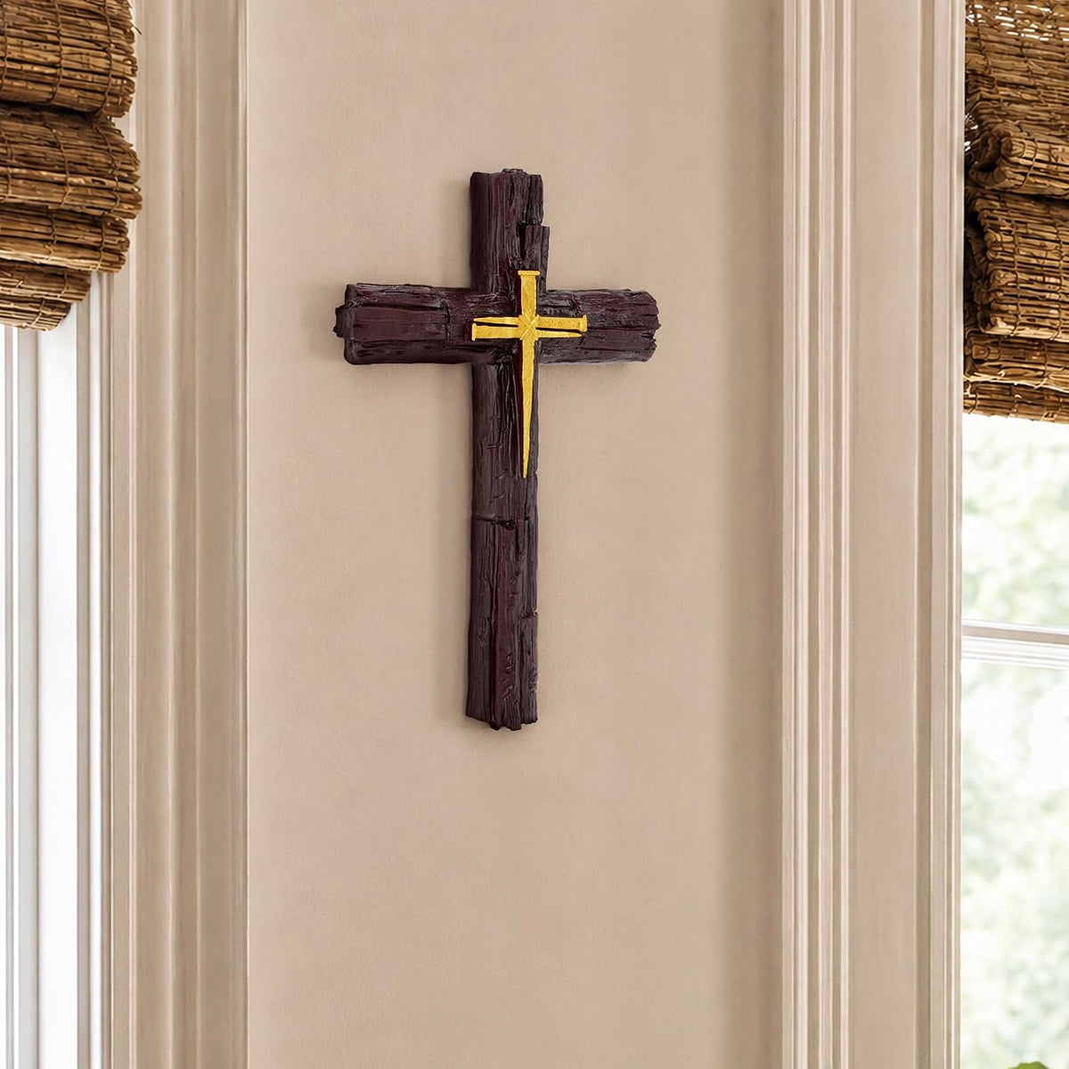 Rustic Christian Wall Cross, Resin Wall Decor with Woodgrain Finish, 10.4"