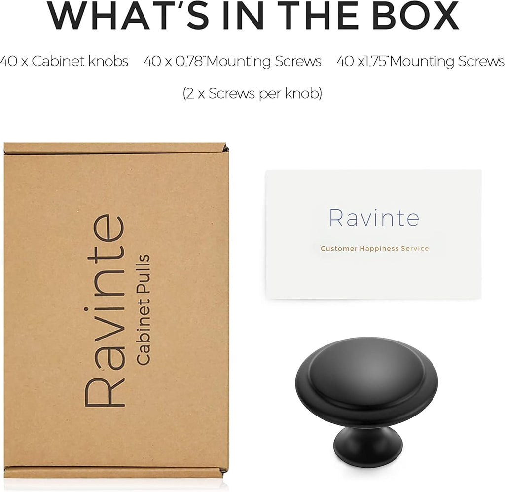 Ravinte Matte Black Cabinet Knobs Kitchen Pulls 1-1/4 Inch 40 Pack