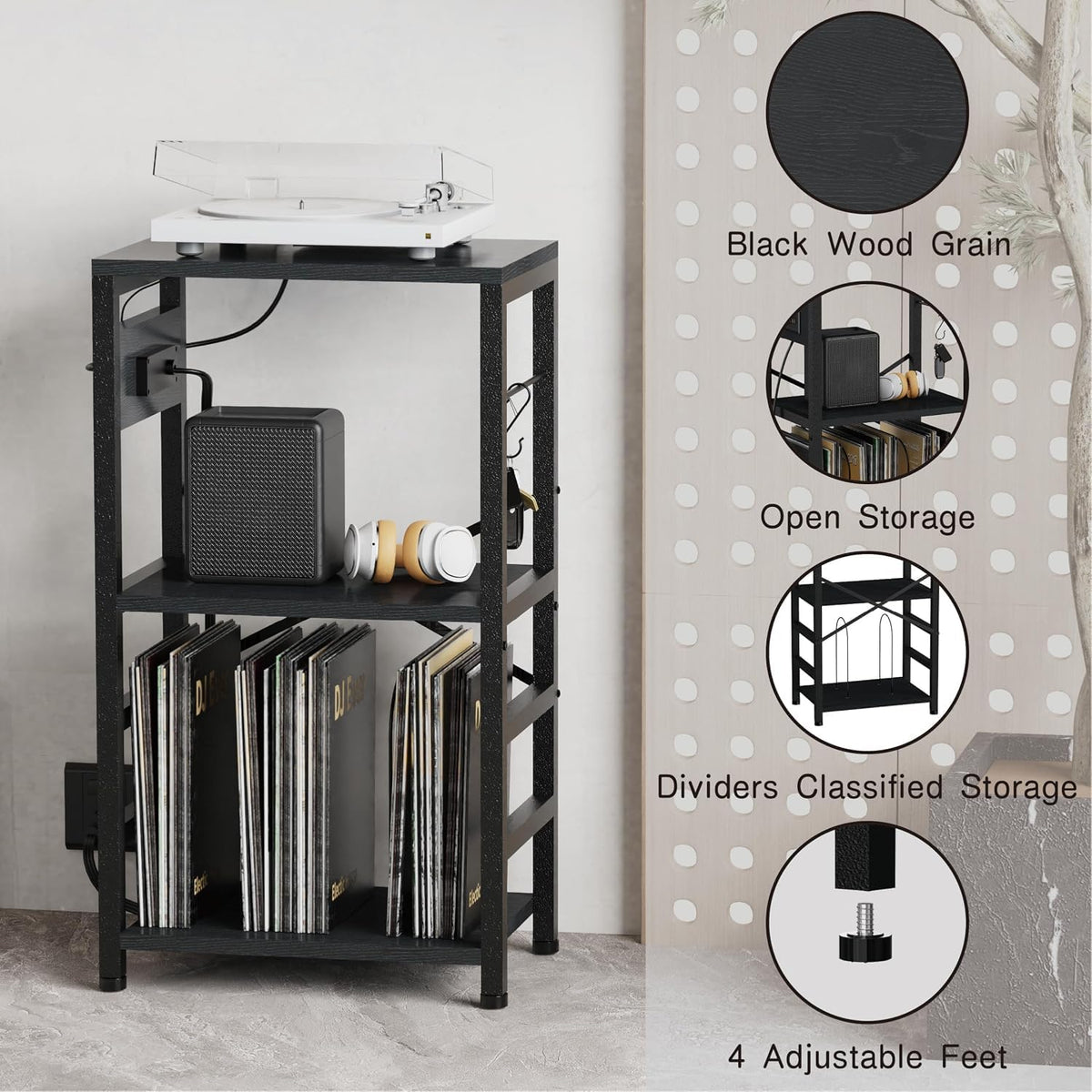 End Table with LED Light, Record Player Stand with Charging Station
