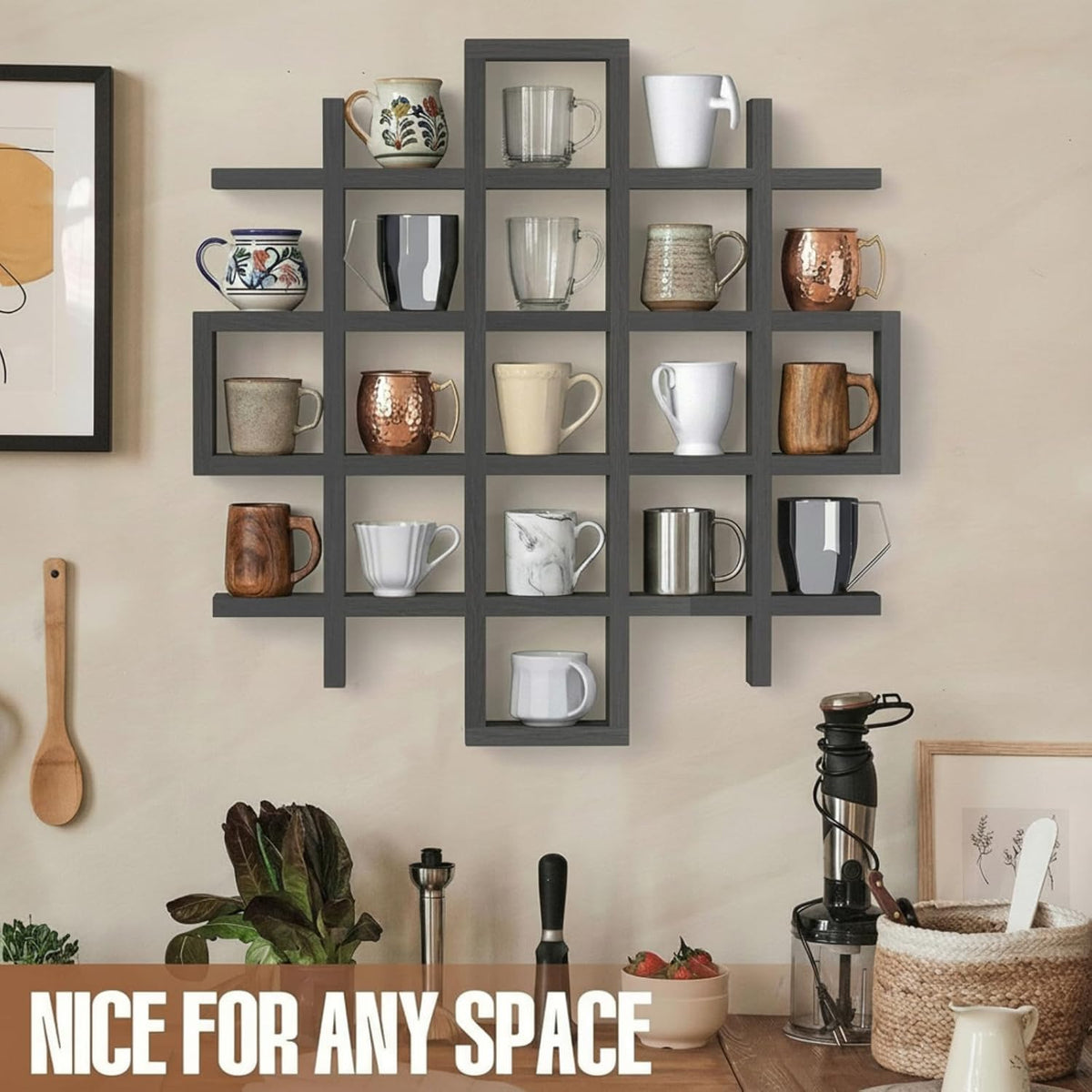 Suzile Mug Display Shelf Wall Mounted,Grid Size 5.1x5.1x3in,Grey