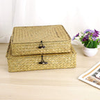 Hipiwe 2 Packs Flat Wicker Basket Box with Lid Woven Seagrass Storage Bins