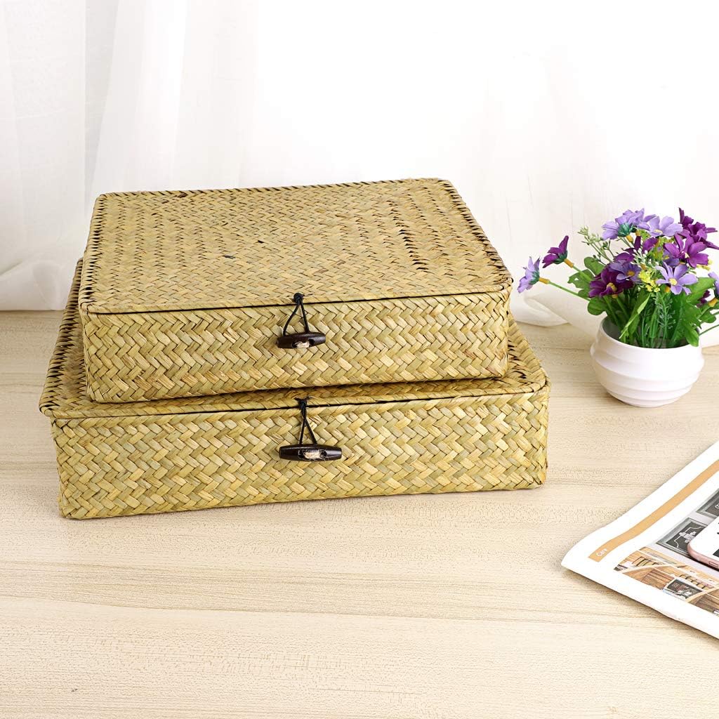 Hipiwe 2 Packs Flat Wicker Basket Box with Lid Woven Seagrass Storage Bins