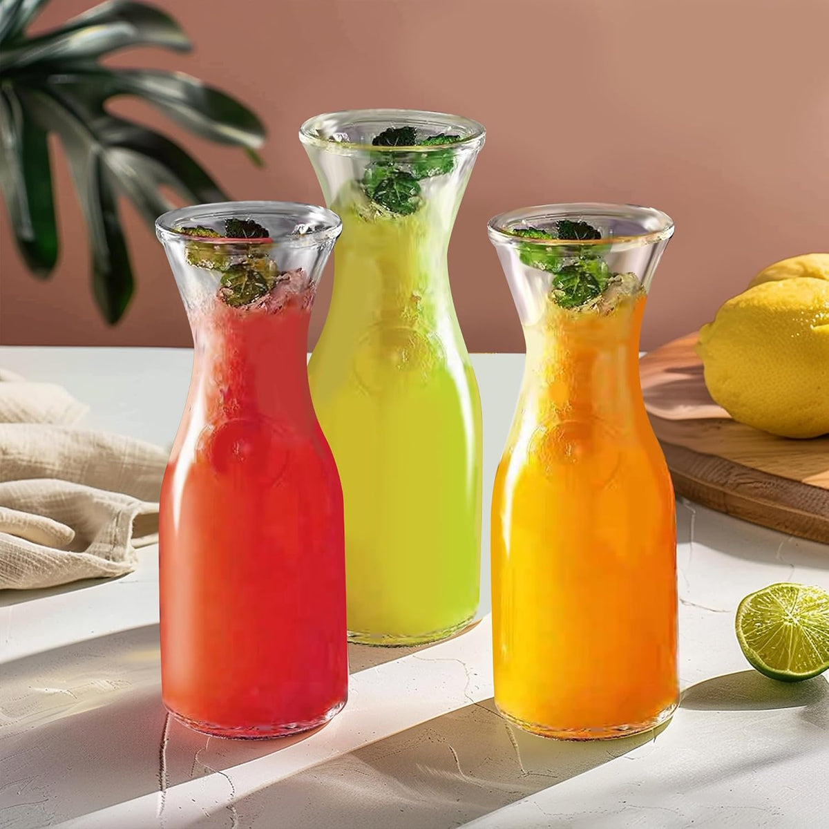 Glass Carafe with Bamboo Lid, Round 35 Oz Beverage Dispensers Carafe, Mimosa Bar Supplies, Round Clear Glass Pitcher with Name Labels for Iced Tea, Coffee, Juice(Set of 4)