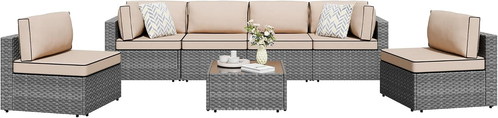 Shintenchi 5 Pieces Outdoor Patio Sectional Sofa Couch, Black PE Wicker Furniture Sets, Patio Conversation Sets with Washable Cushions Coffee Table for Garden, Poolside, Backyard,Blue