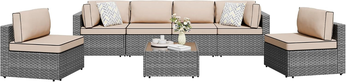Shintenchi 5 Pieces Outdoor Patio Sectional Sofa Couch, Black PE Wicker Furniture Sets, Patio Conversation Sets with Washable Cushions Coffee Table for Garden, Poolside, Backyard,Blue