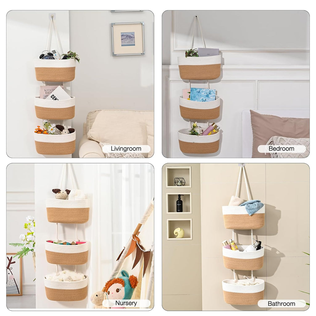 Hanging Baskets for Organizing 3-Tier Wall Basket Khaki & Off White