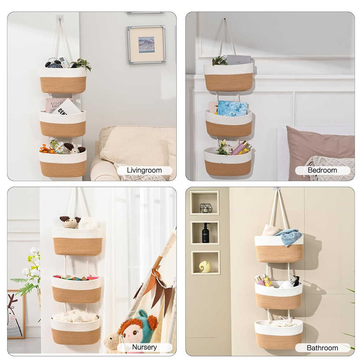 Hanging Baskets for Organizing 3-Tier Wall Basket Khaki & Off White