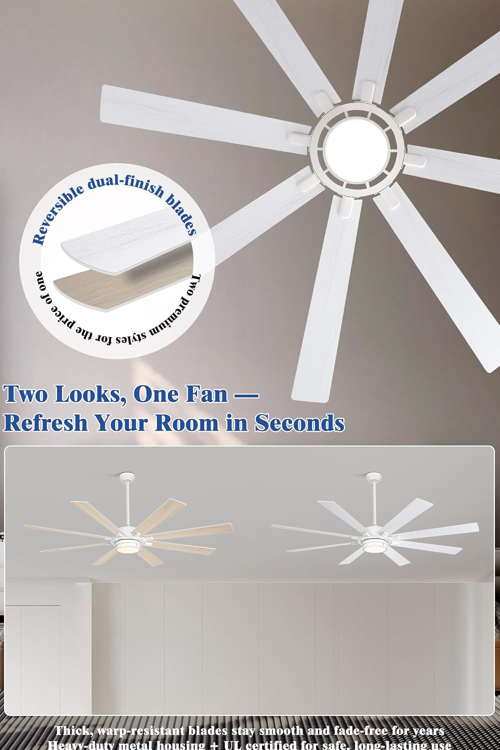 65 Inch Ceiling Fan with Light, White Large Metal Downrod Ceiling Fan Light White, 3CCT, 6 Speed Ceiling Fans with 3 Downrods for Living Room Bedroom, UL Listed