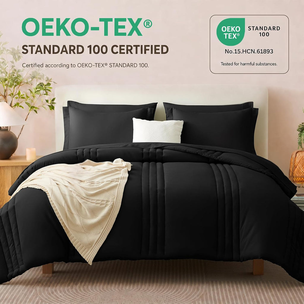 CozyLux Queen Comforter Set Black - 7 Pieces Vertical Quilted Bed in a Bag