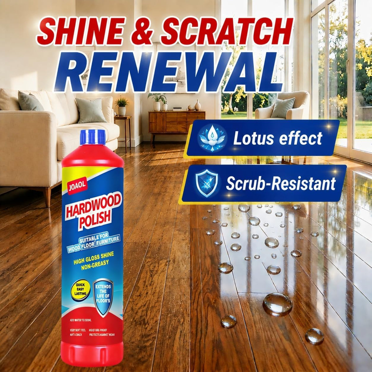 JOAOL Wood Floor Restorer & Polish–High Gloss Shine, Helps Repair Fine Scratches, Durable Protective Finish, Non-Slip, Non-Greasy, Moisture&Dust Resistant for Hardwood, Laminate Floors&Wood Furniture