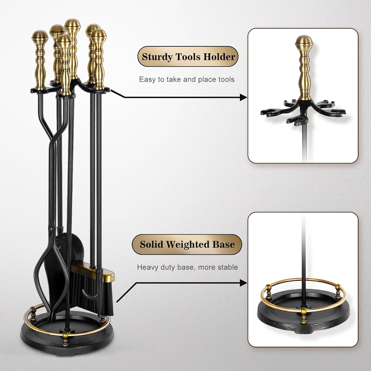 Fireplace Tools Set 5 Pcs Wrought Iron Large Fire Tool Set with Brass Handles for Outdoor/Indoor, Fireplace Accessories Set Included Poker, Tong, Shovel, Brush