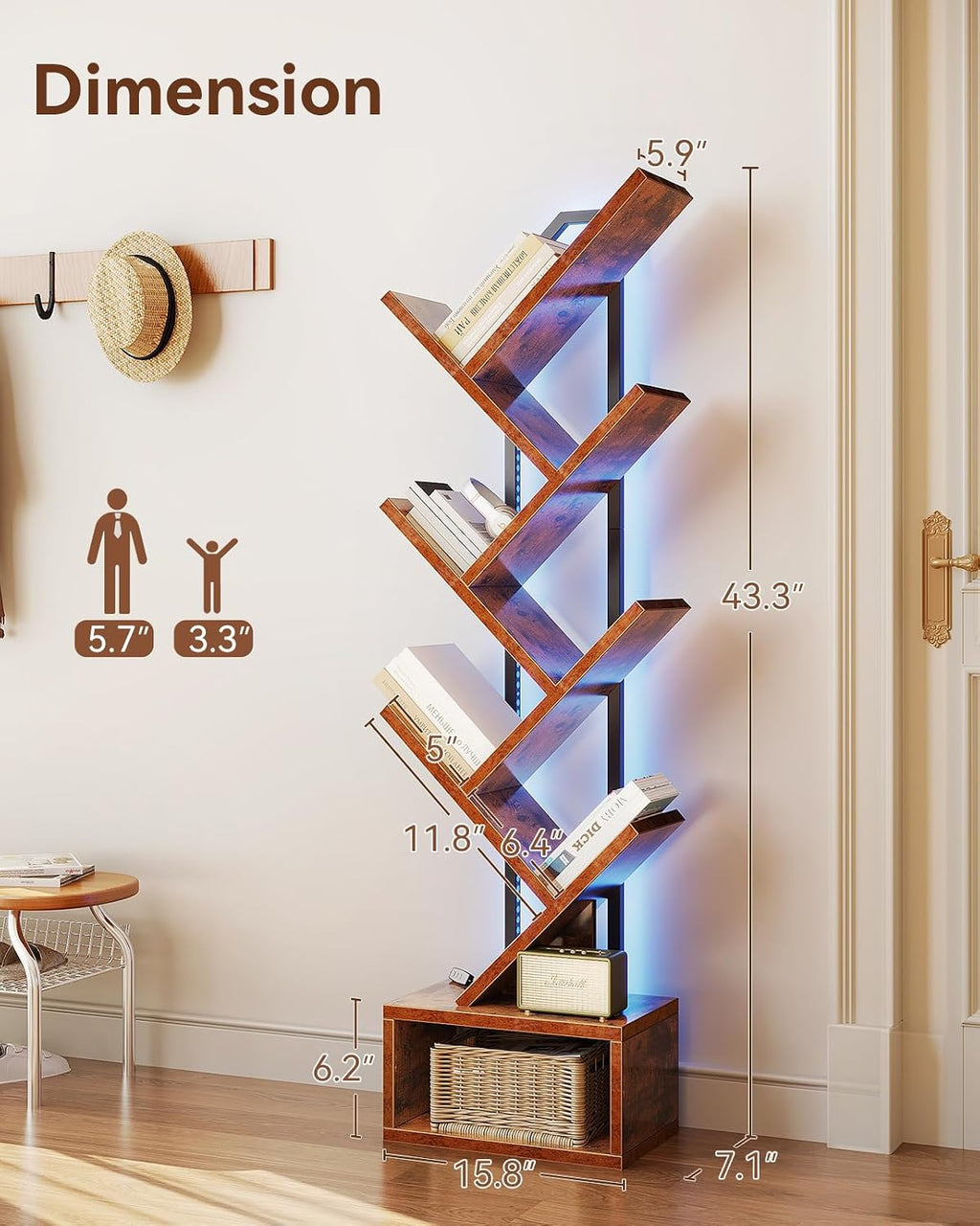 Casaottima Tree Bookshelf with LED Lights, 6-Tier Small Bookshelf, Vintage