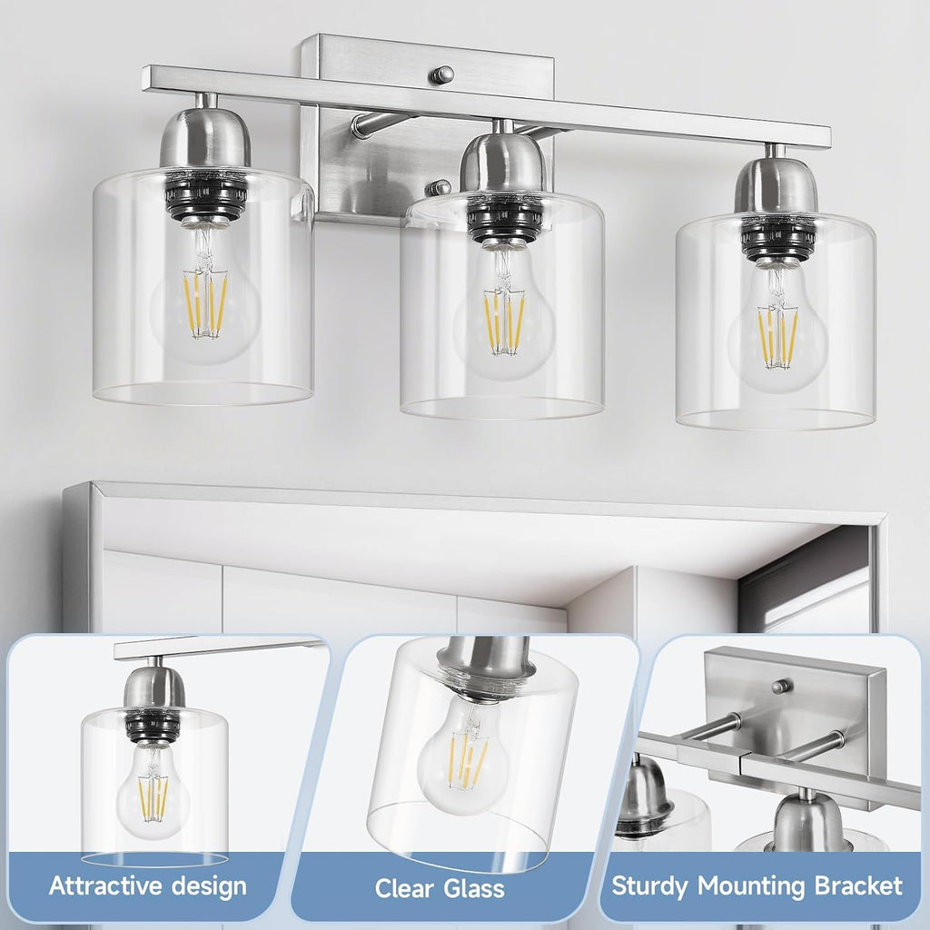 Modern Brushed Nickel 3 Light Bathroom Light Fixtures,19 inch Vanity Lights For Bathroom With Clear Glass, Bathroom Lighting Fixtures Over Mirror For Mirror Kitchen Living Room Hallway Cabinet Porch