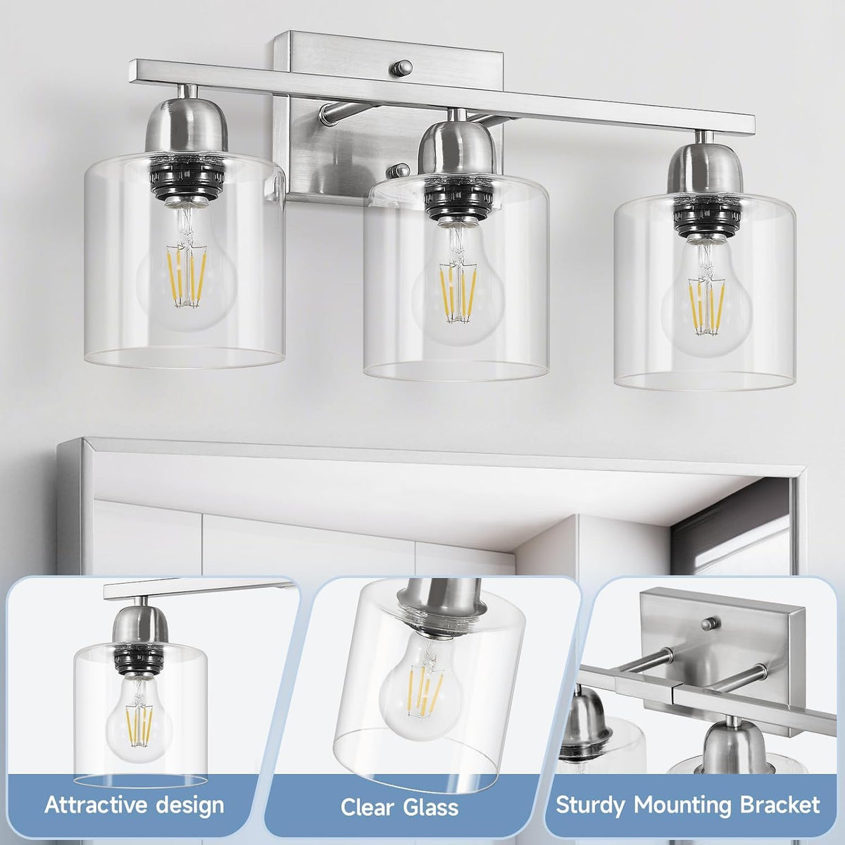 Modern Brushed Nickel 3 Light Bathroom Light Fixtures,19 inch Vanity Lights For Bathroom With Clear Glass, Bathroom Lighting Fixtures Over Mirror For Mirror Kitchen Living Room Hallway Cabinet Porch