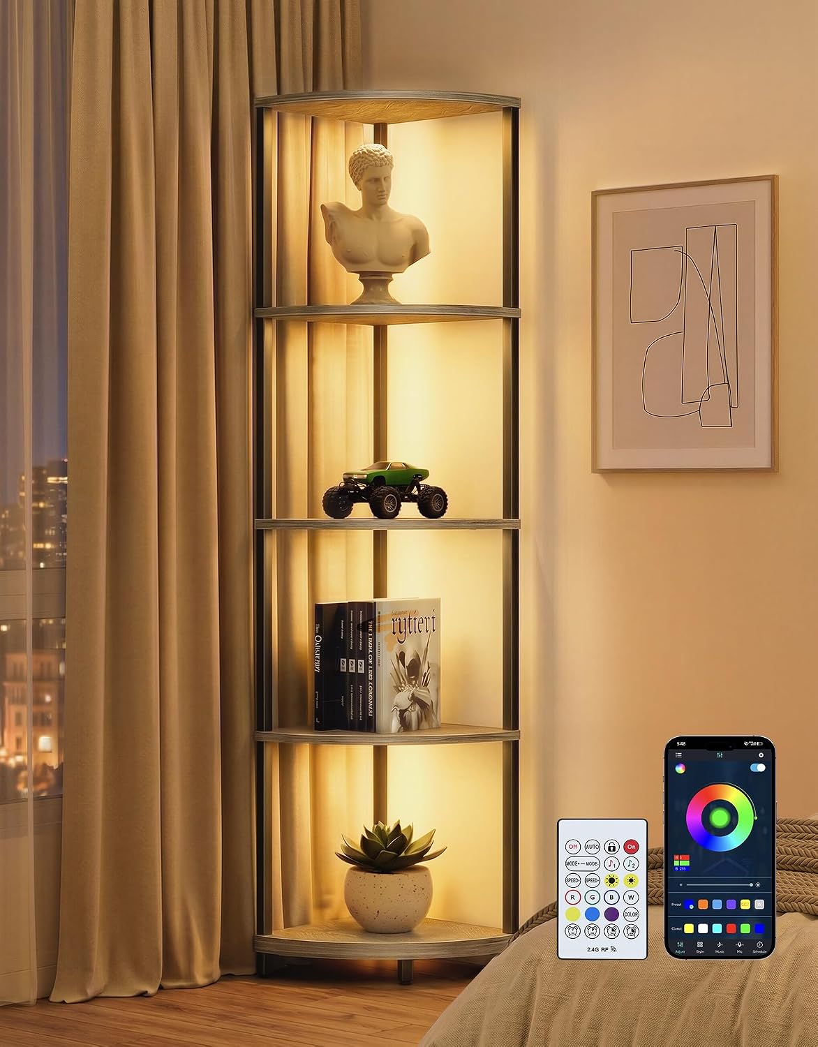 Corner Shelf with LED Light, 5 Tier Smart Color Changing Floor Lamp with Remote, 62" Display Shelf Bookshelf Narrow Storage Rack Standing Lamp for Living Room Bedroom Home Office Decor, Grey