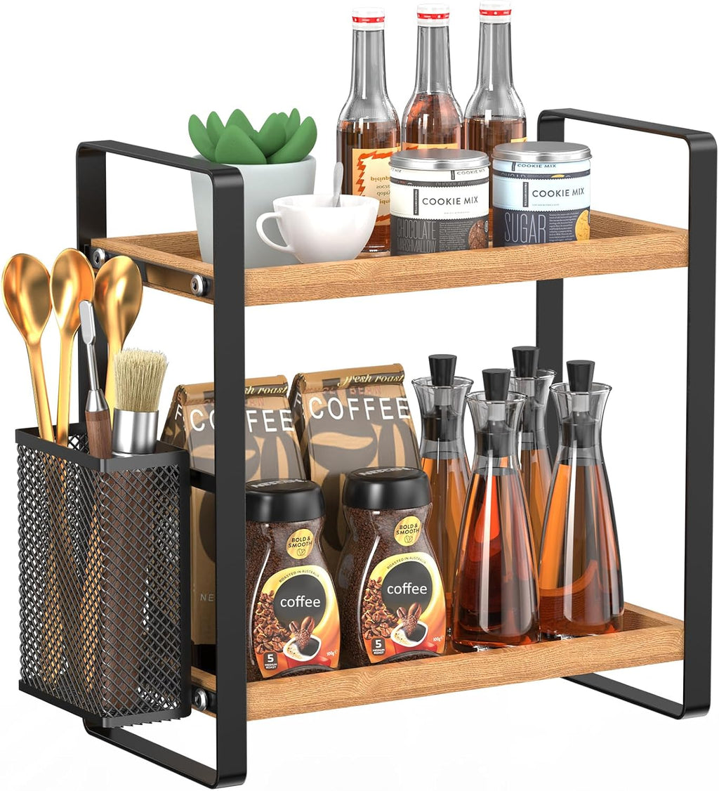 2-Tier Coffee Bar Organizer With Basket,Wooden Counter Shelf for Coffee Bar Accessories,Kitchen Spice Rack Organizer for Countertop-Brown