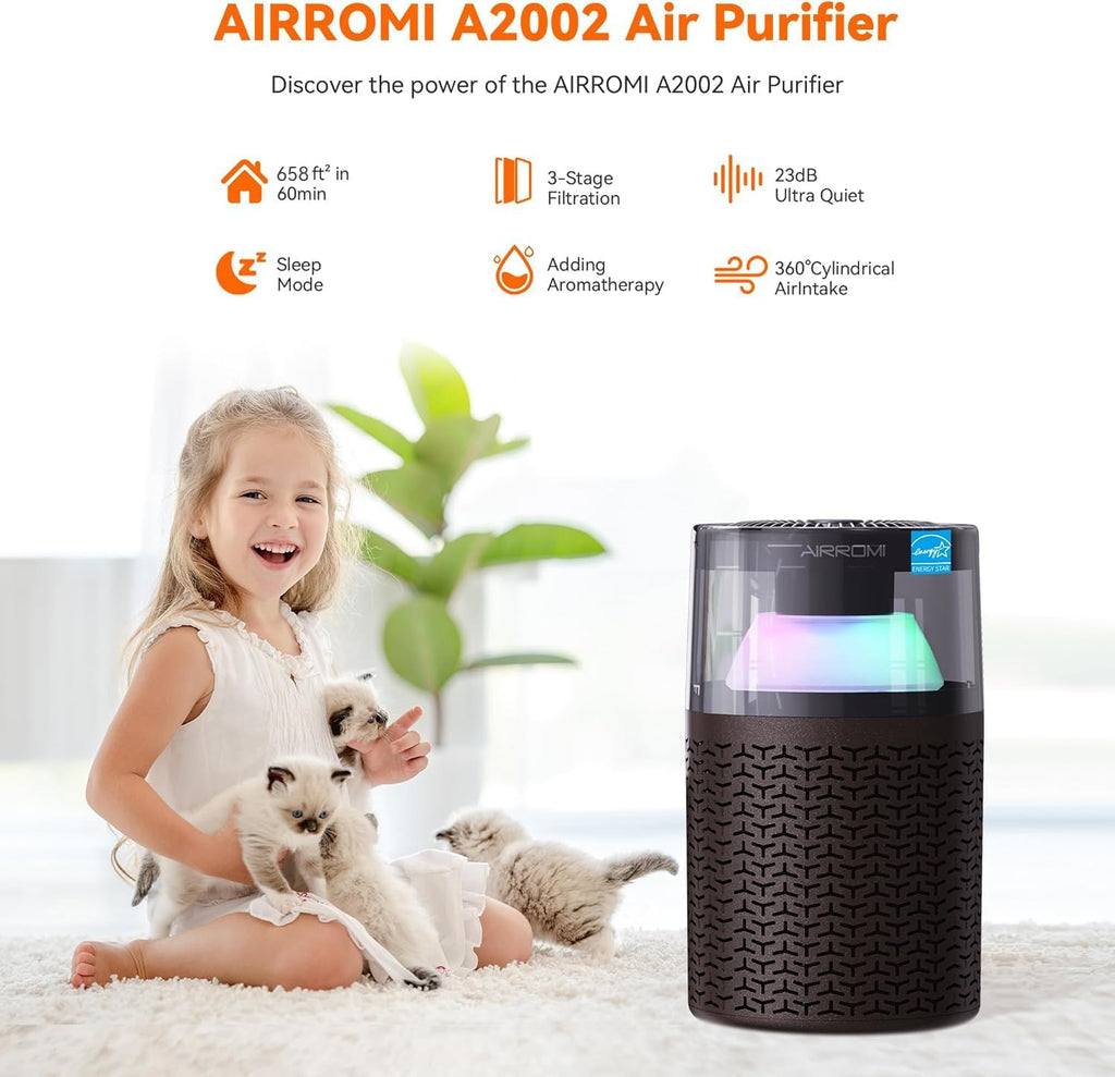AIRROMI Pet Air Purifier for Home & Bedroom, HEPA Activated Carbon Filter, Removes Pet Dander & Odor, Allergies, Smoke, Hair, Night Light, Fragrance Sponge, Up to 658 ft², A2002 Tan