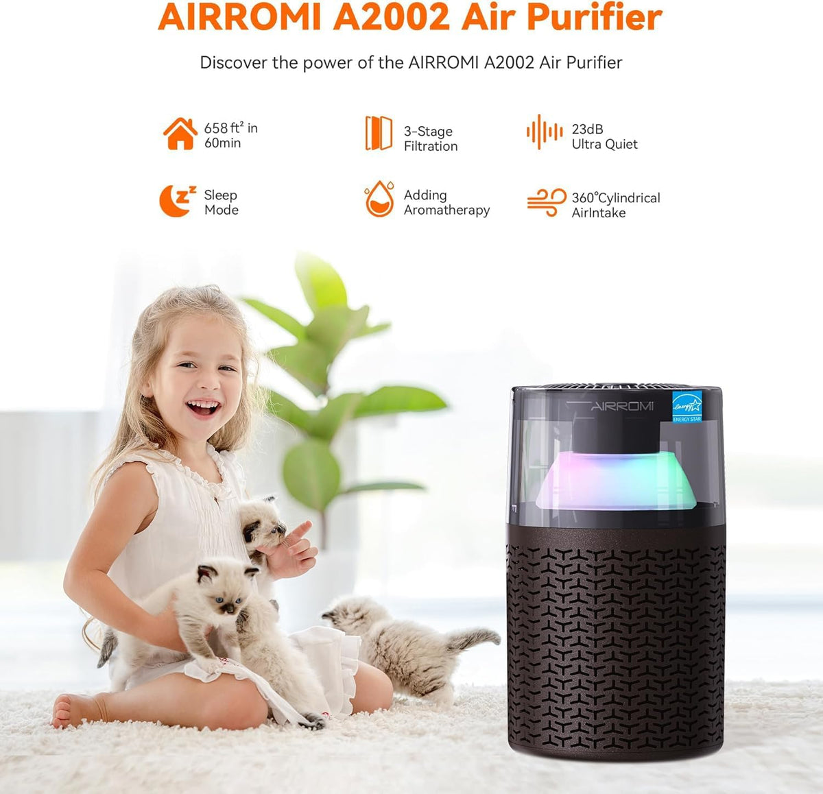 AIRROMI Pet Air Purifier for Home & Bedroom, HEPA Activated Carbon Filter, Removes Pet Dander & Odor, Allergies, Smoke, Hair, Night Light, Fragrance Sponge, Up to 658 ft², A2002 Tan