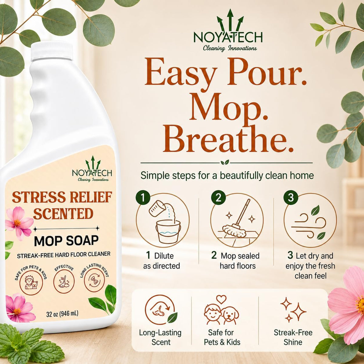 NOYATECH Scented Mop Soap – Eucalyptus & Spearmint Floor Cleaner for Sealed Hardwood, Tile, Laminate & Vinyl – Streak-Free Clean, 32 fl oz