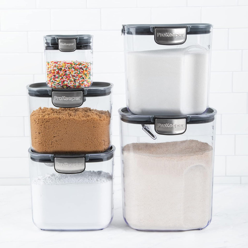 ProKeeper+ Airtight Food Storage Container Set – Clear Plastic Flour and Sugar Canister Set with Magnetic Accessories for Kitchen Organization (Grey, 9-Piece)