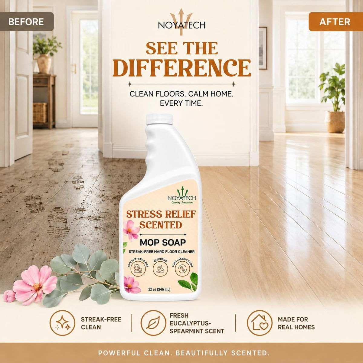 NOYATECH Scented Mop Soap – Eucalyptus & Spearmint Floor Cleaner for Sealed Hardwood, Tile, Laminate & Vinyl – Streak-Free Clean, 32 fl oz