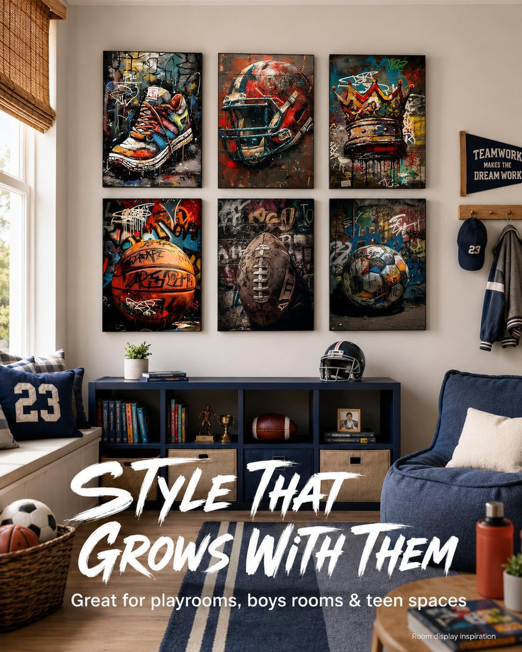 Sports Graffiti Wall Art, Basketball Football Wall Decor, Set of 6,8x10 in