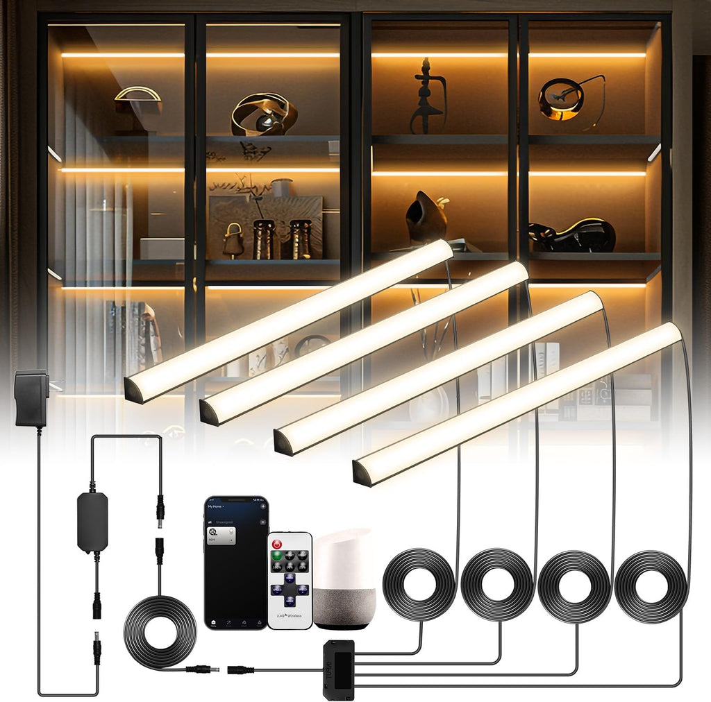 Black Shelf Lights, LED Bookcase Lighting Compatible with Alexa, WiFi Dimmable 2700K Under Shelf Lighting for Bookshelf, Display Case, Cabinets with App, Remote, Memory Function (4Pack 12In)