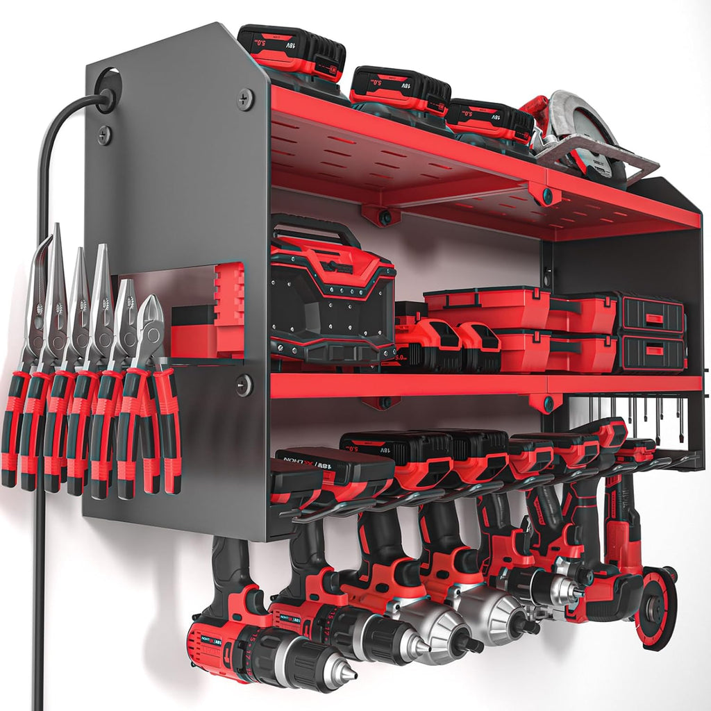 Power Tool Organizer with Charging Station Wall Mount, Cordless Drill and Battery Holder for Garage Organization, Electric Tools Storage Rack Build in Surge Protection Power Strip - Red Shelf