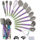 38 Piece Silicone kitchen Cooking Utensils Set with Utensil Crocks, Silicone Head and Stainless Steel Handle Cookware, Kitchen Tools for Utensil Set, Non-Stick kitchen Gadgets,Dishwasher Safe(Rainbow)