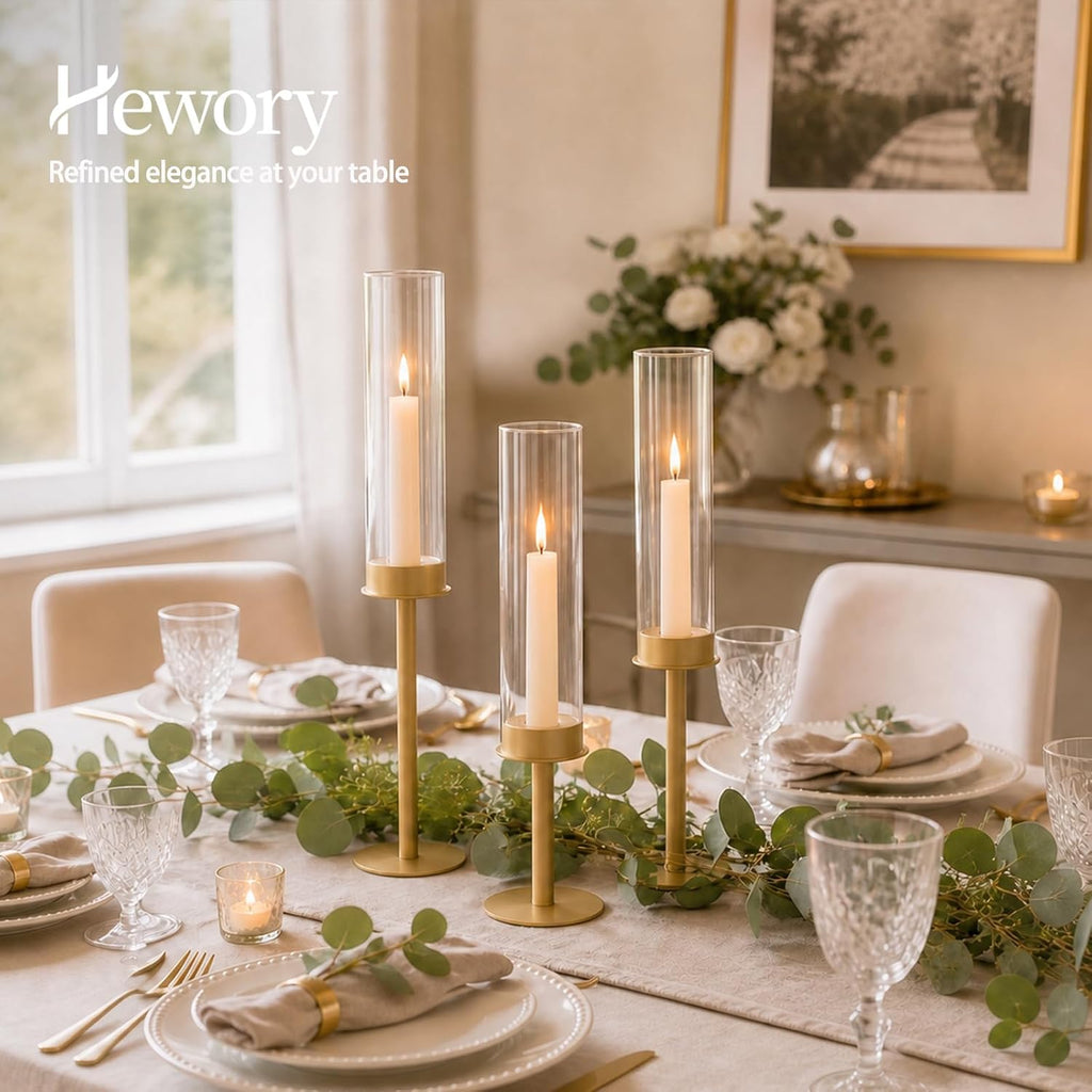 Hewory Gold Candlestick Holders: 3PCS Glass Hurricane with Brass Base