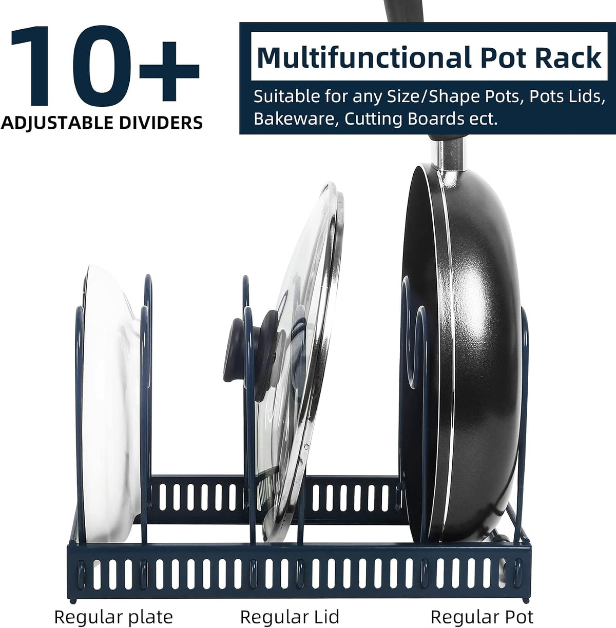 ROOHUA Pot and Pan Lid Organizer Rack for Under Cabinet, 12"-23" Expandable