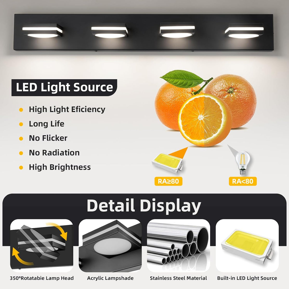 OKELI Bathroom Light Fixtures, Matte Black Vanity Light Modern LED 3CCT