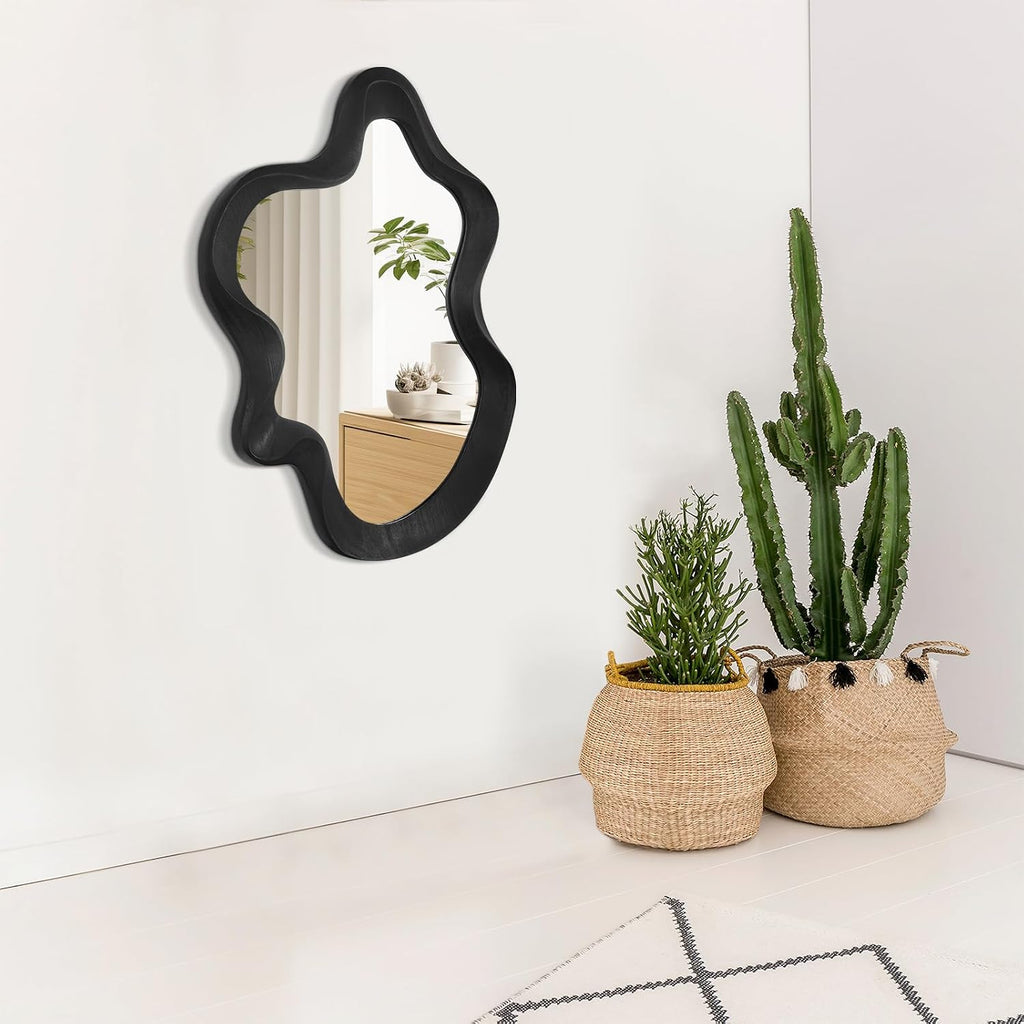 Large Irregular Wavy Mirror Modern Cloud Wall Mirror Asymmetrical Wooden Framed Wall Mirror Wall Mounted Unique Shape Vanity Artistic Mirror Decor for Bedroom Living Room Bathroom Entryway