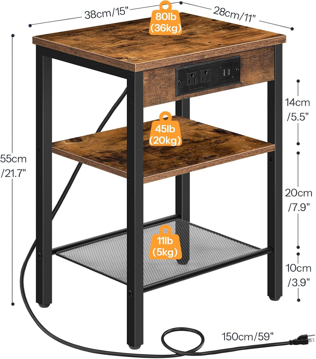 HOOBRO End Table with Charging Station and USB Port, Small Side Table for Small Space, 3-Tier Nightstand with Adjustable Shelf, for Living Room, Bedroom, Rustic Brown BF112BZ01