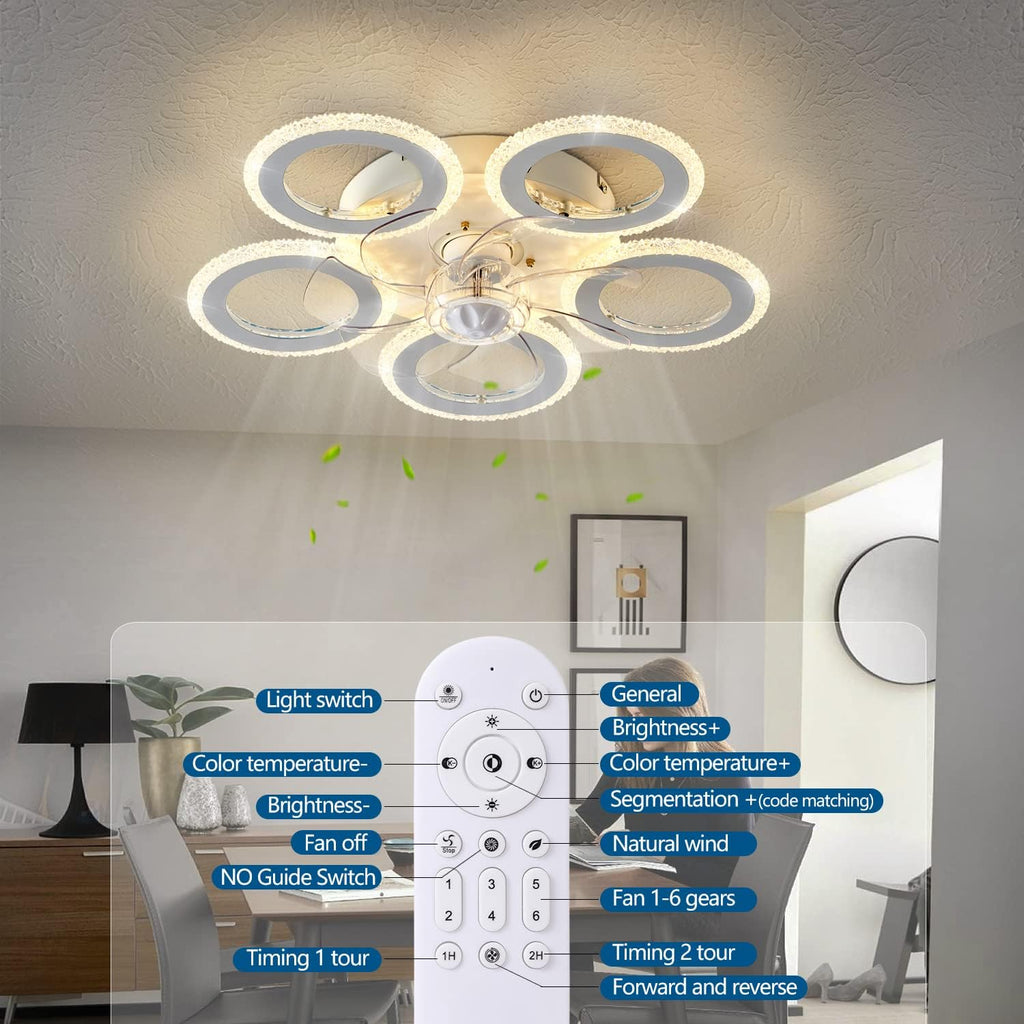 Dalouguan Modern Ceiling Fan with Light, 20" White Personality Geometric 6 Speeds 3 Light Color Low Profile Flush Mount Ceiling Fan for Kitchen Bedroom