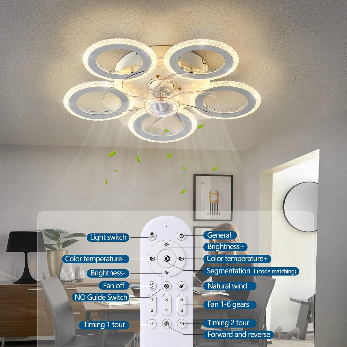 Dalouguan Modern Ceiling Fan with Light, 20" White Personality Geometric 6 Speeds 3 Light Color Low Profile Flush Mount Ceiling Fan for Kitchen Bedroom