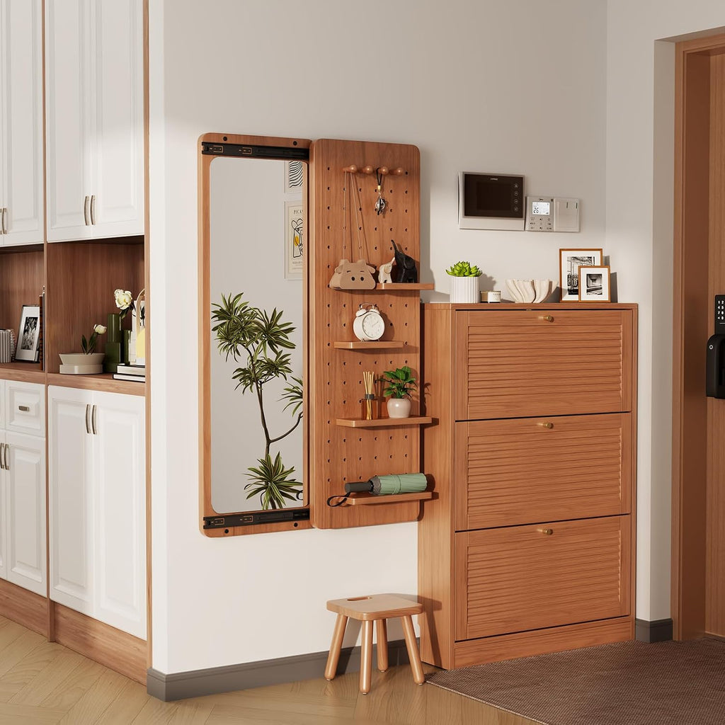 KungFuWood Full Length Mirror with Shelf and Hooks,Entry Way Mirrors for Wall,Wall Mirror with Shelf,Wall Mirror with Storage Multifunctional Design Panel,Living Room (Cherry, 52.4" L x 19" W)