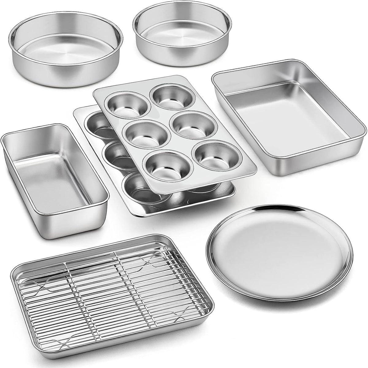 P&P CHEF 9 PCS Baking Pans Sheets, Stainless Steel Bakeware Set for Cooking