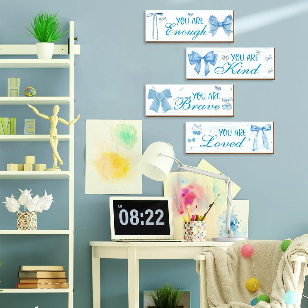 4 Pcs Blue Coquete Bow Room Decor, Teen Girls Trendy Preppy Wall Art Aesthetic for Bedroom Bathroom Decor, Inspirational Positive Affirmations