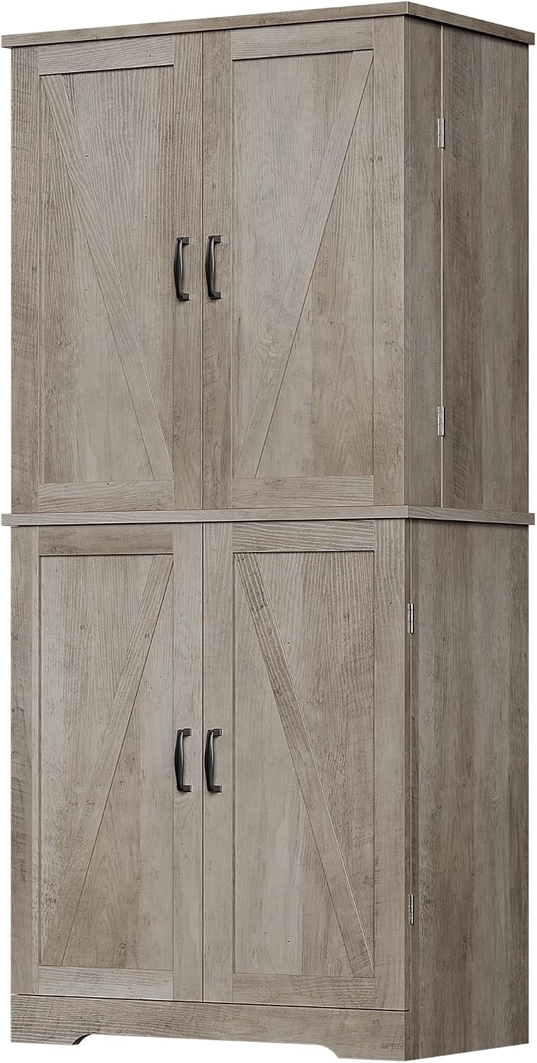 Vongrasig Kitchen Pantry Storage Cabinet with Barn Doors, Drawer and Adjustable Shelves, 6-Tier Tall Rustic Wood Cupboard Locker for Kitchen, Dining Room, Living Room, Bathroom, Rustic Grey