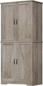 Vongrasig Kitchen Pantry Storage Cabinet with Barn Doors, Drawer and Adjustable Shelves, 6-Tier Tall Rustic Wood Cupboard Locker for Kitchen, Dining Room, Living Room, Bathroom, Rustic Grey
